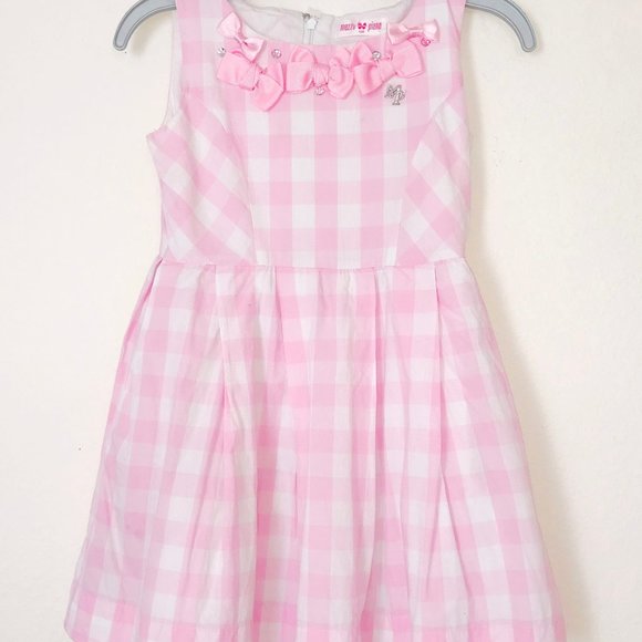 Mezzo Piano Japan Brand Girls Pink White Plaid Bow Flared Dress 130 6 7 8 - Picture 4 of 8